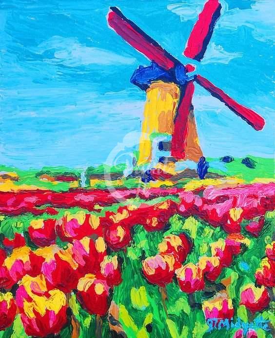 Windmühle und Tulpen